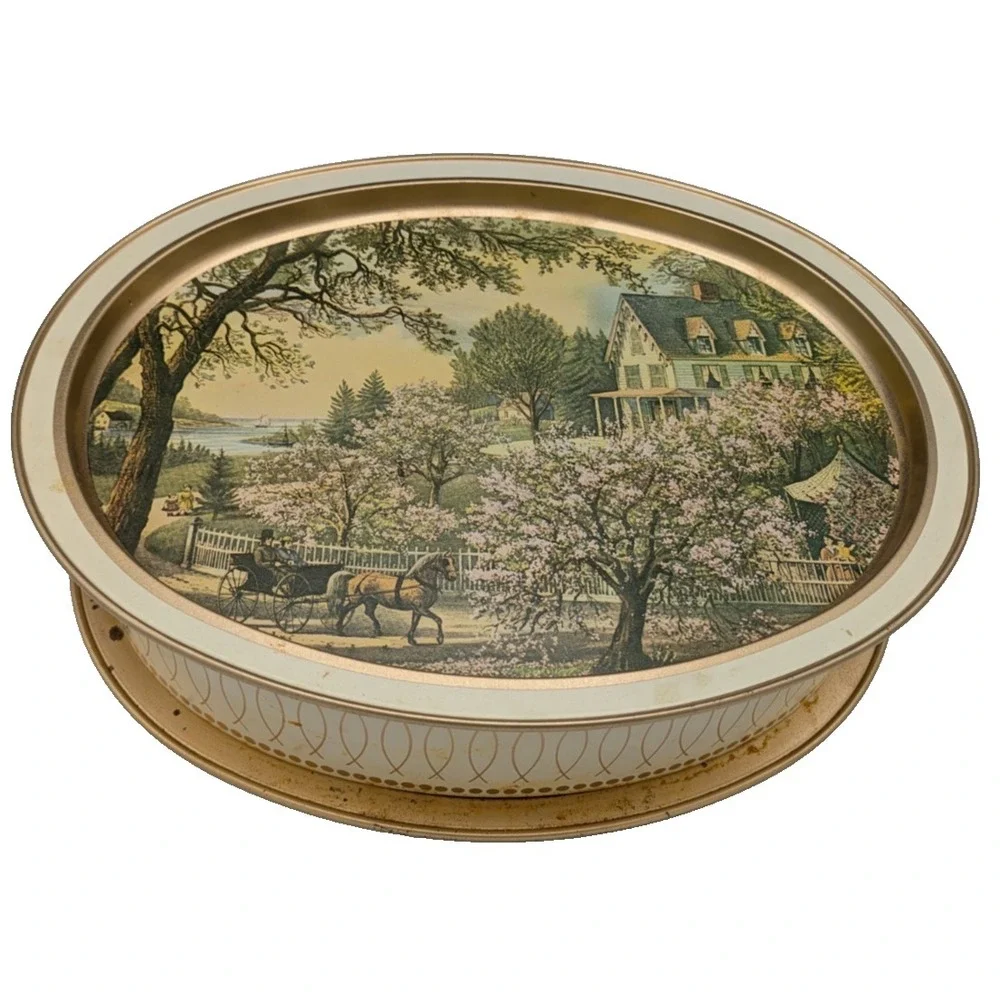 Sunshine Biscuits Tin Both Trays Currier & Ives American Homestead Winter Summer